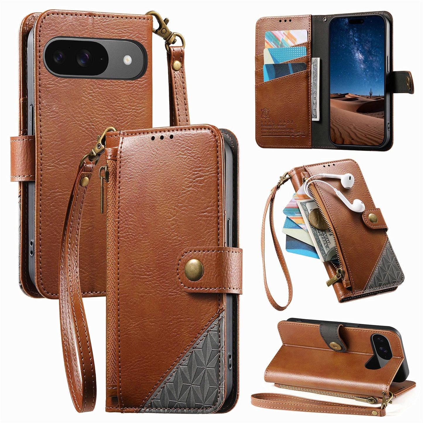 Color-Blocked Shockproof Premium Wallet Leather Phone Case for Pixel 7 Pro