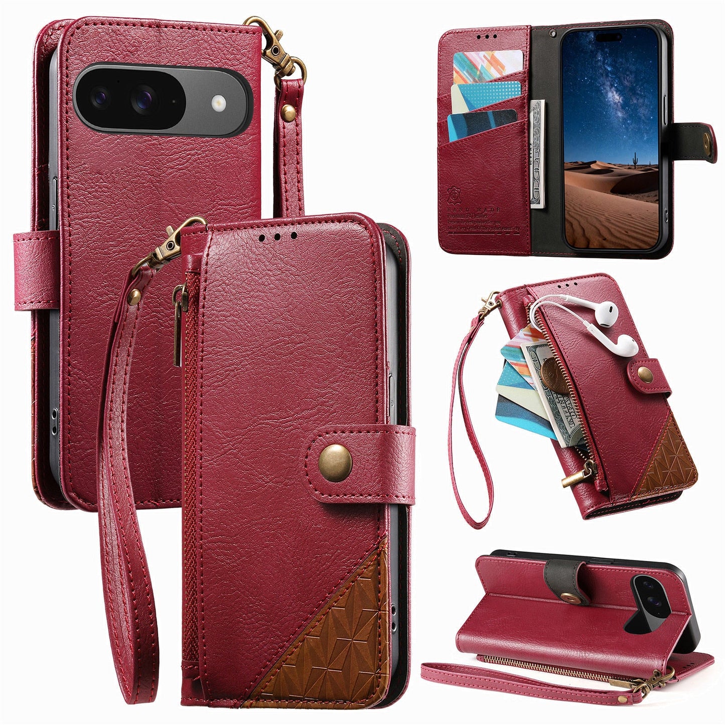 Color-Blocked Shockproof Premium Wallet Leather Phone Case for Pixel 8a