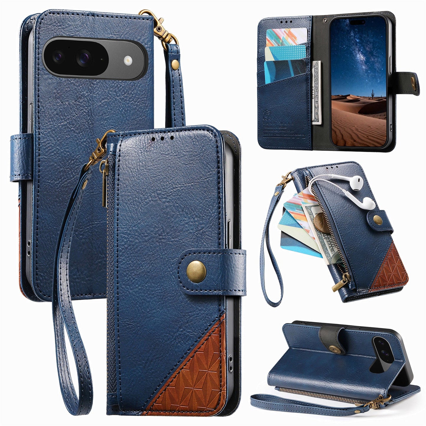 Color-Blocked Shockproof Premium Wallet Leather Phone Case for Pixel 7a