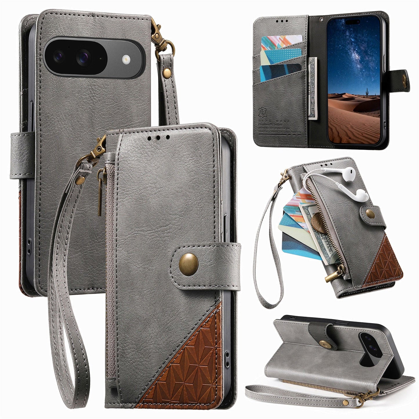 Color-Blocked Shockproof Premium Wallet Leather Phone Case for Pixel 9