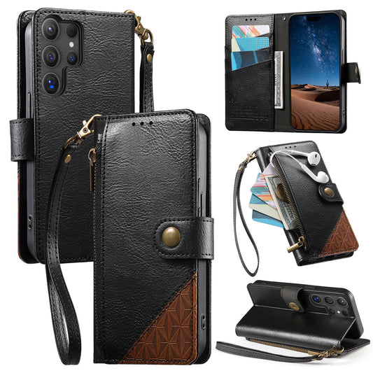 Color-Blocked Shockproof Premium Wallet Leather Phone Case for Samsung Galaxy S21 Ultra