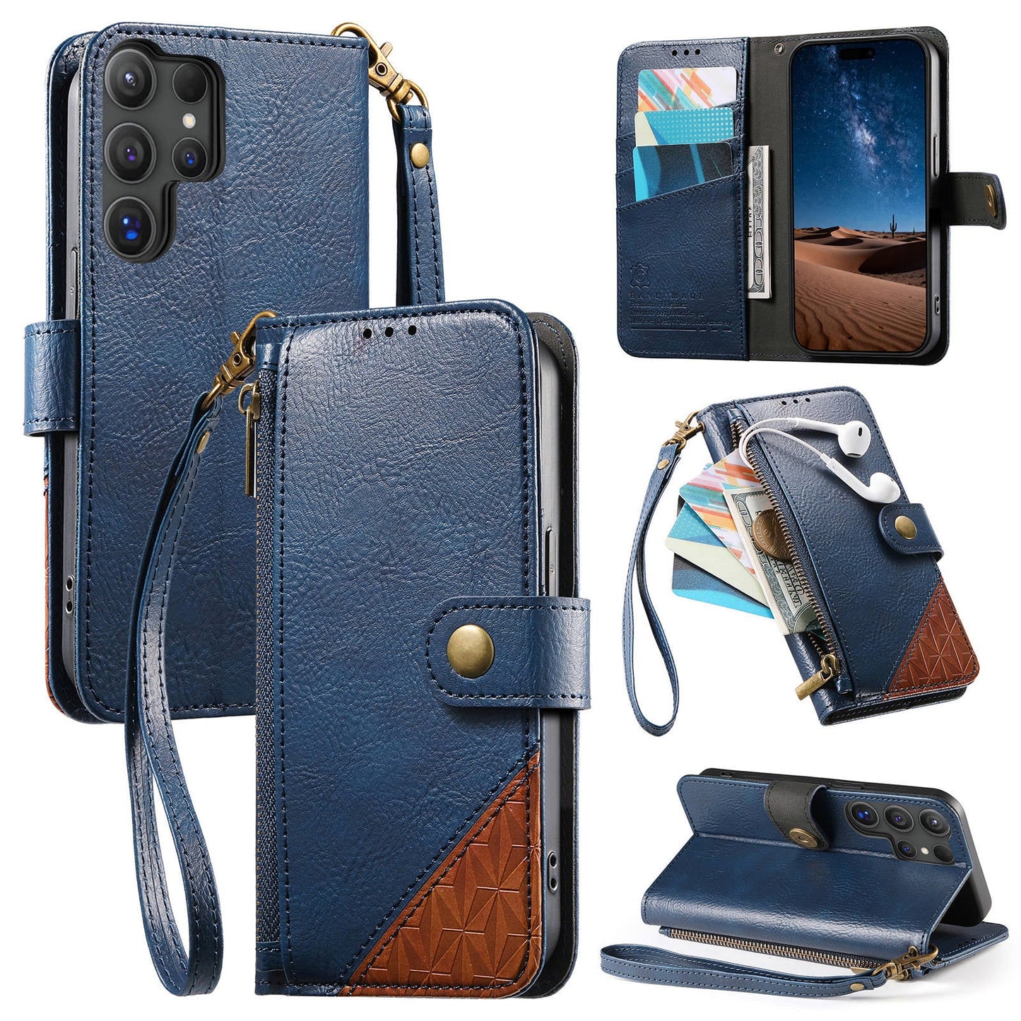 Color-Blocked Shockproof Premium Wallet Leather Phone Case for Samsung Galaxy S21 Ultra