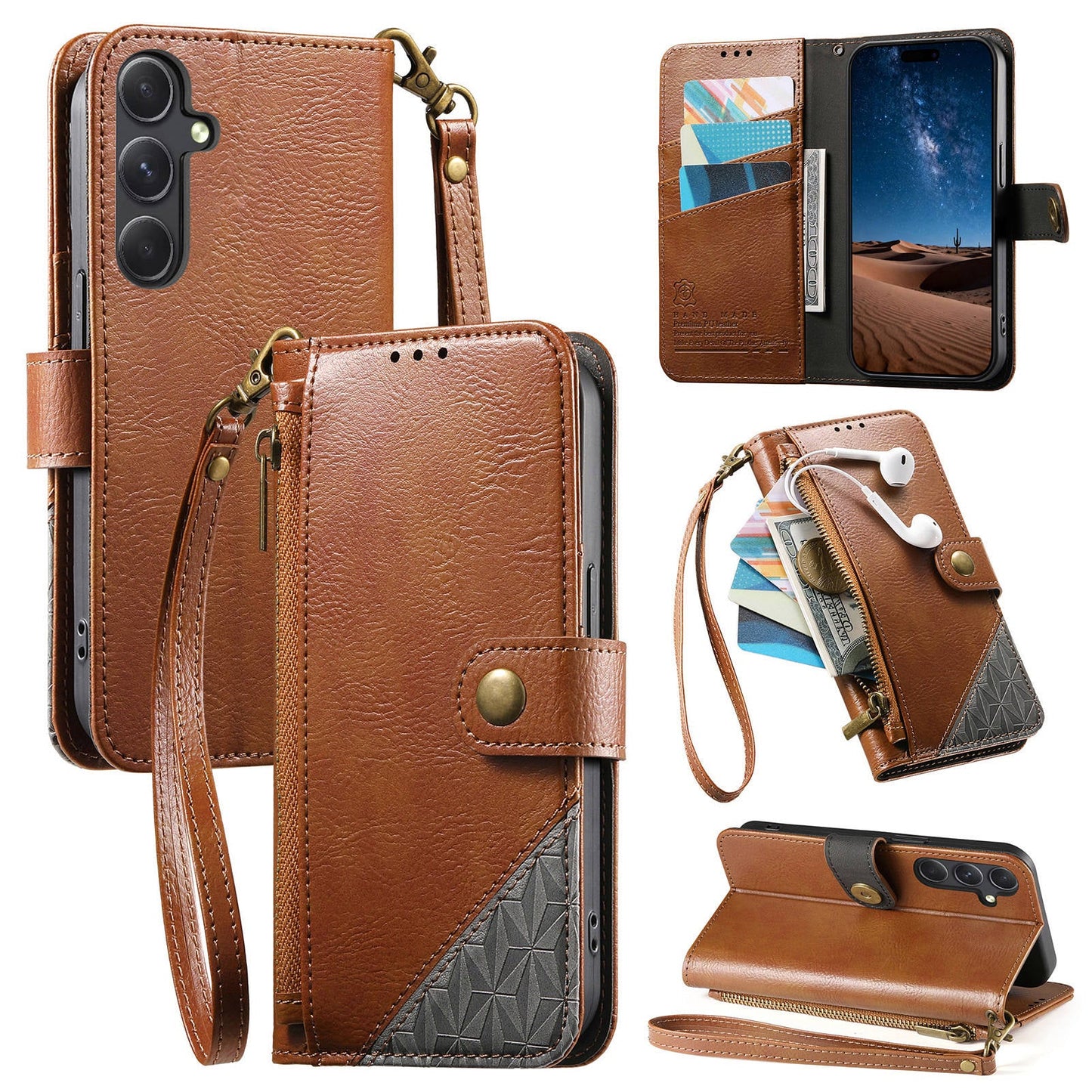 Color-Blocked Shockproof Premium Wallet Leather Phone Case for Samsung Galaxy S22+