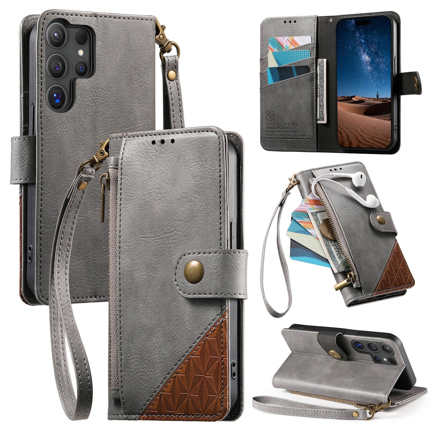 Color-Blocked Shockproof Premium Wallet Leather Phone Case for Samsung Galaxy S23 Ultra