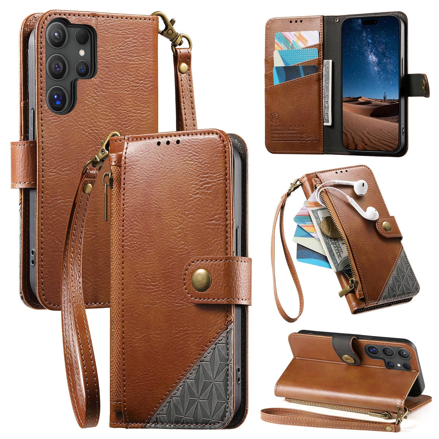 Color-Blocked Shockproof Premium Wallet Leather Phone Case for Samsung Galaxy S24 Ultra