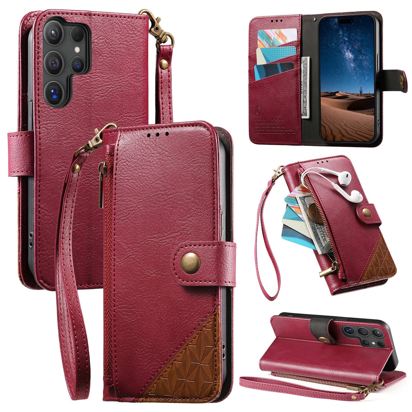 Color-Blocked Shockproof Premium Wallet Leather Phone Case for Samsung Galaxy S24 Ultra