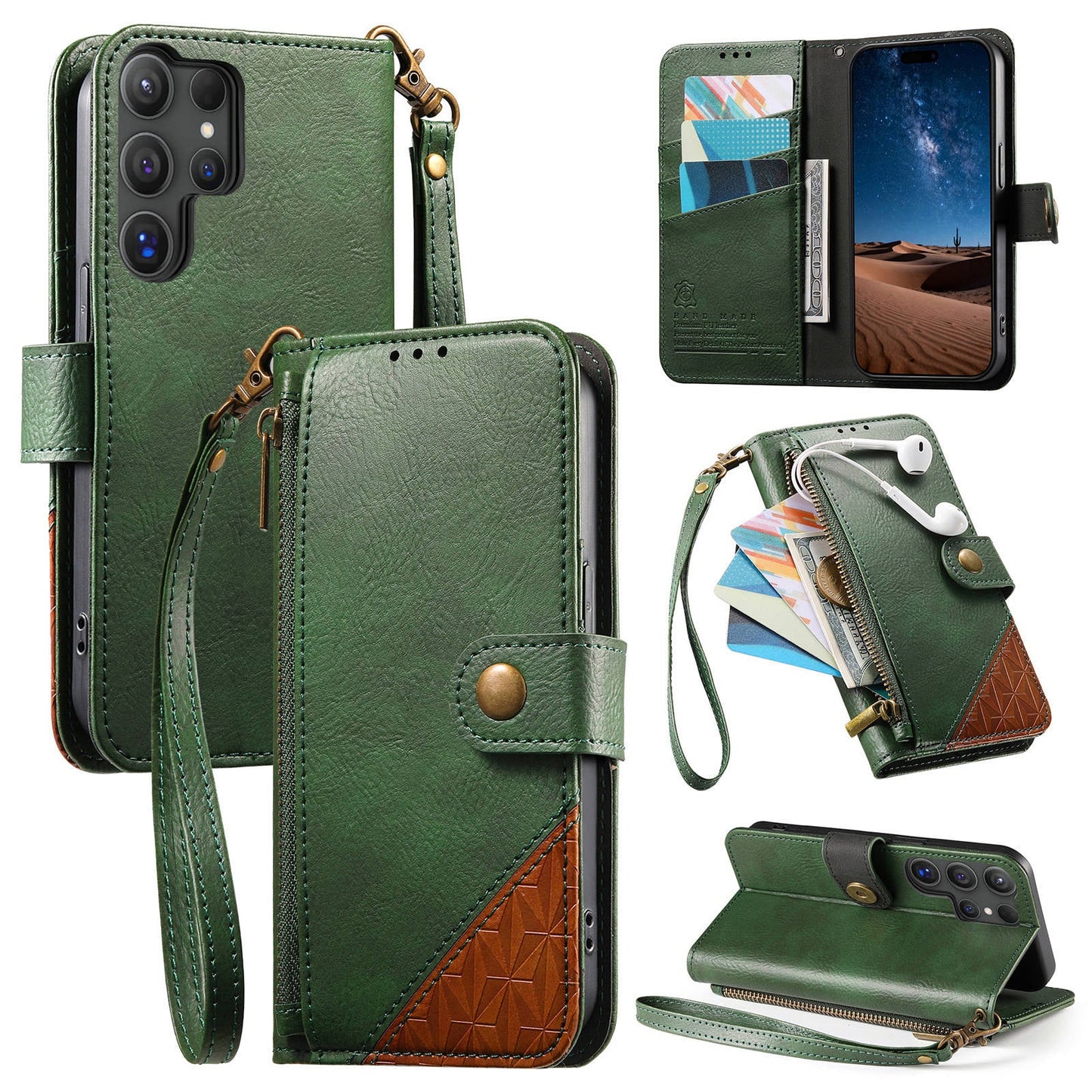 Color-Blocked Shockproof Premium Wallet Leather Phone Case for Samsung Galaxy S25 Ultra