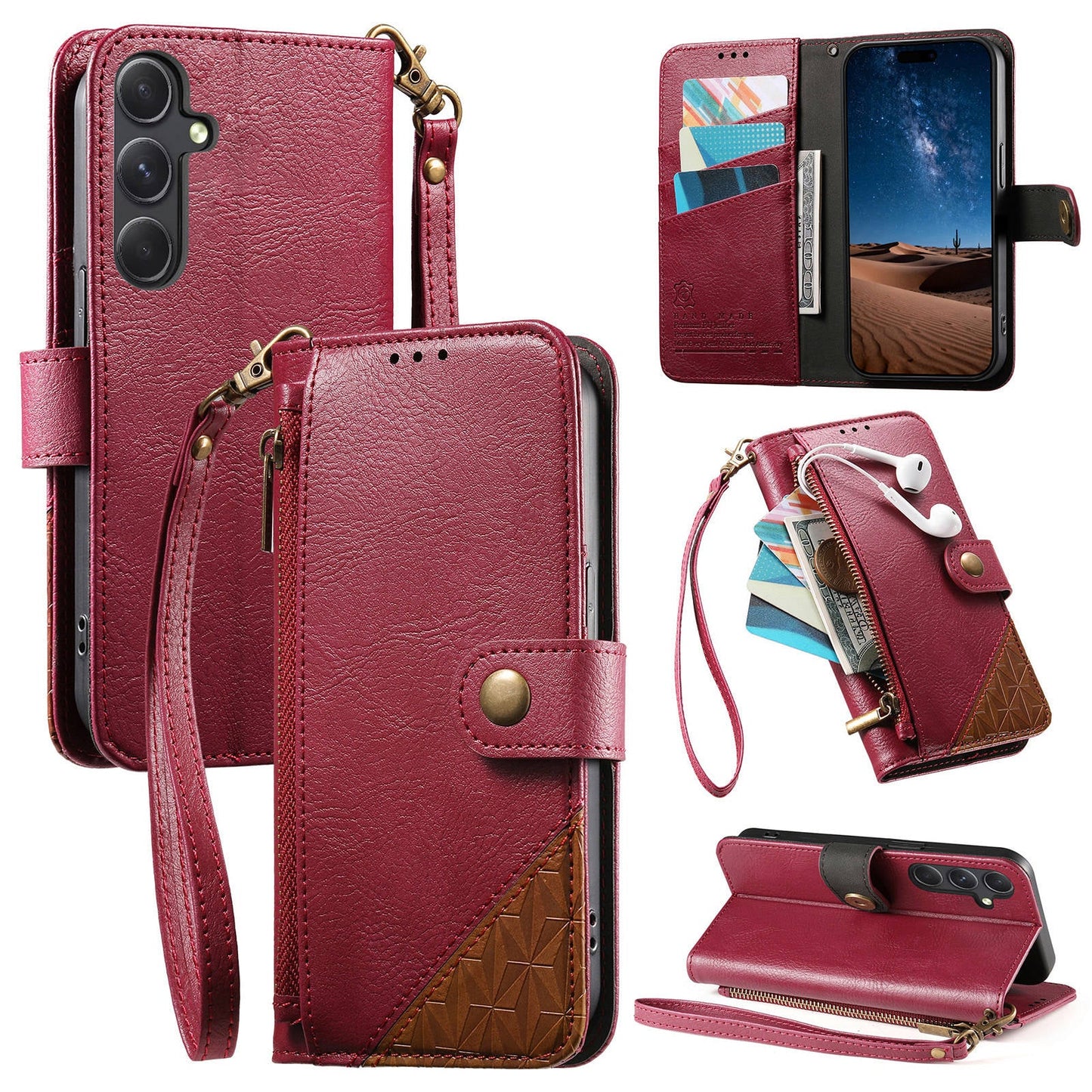 Color-Blocked Shockproof Premium Wallet Leather Phone Case for Samsung Galaxy A14