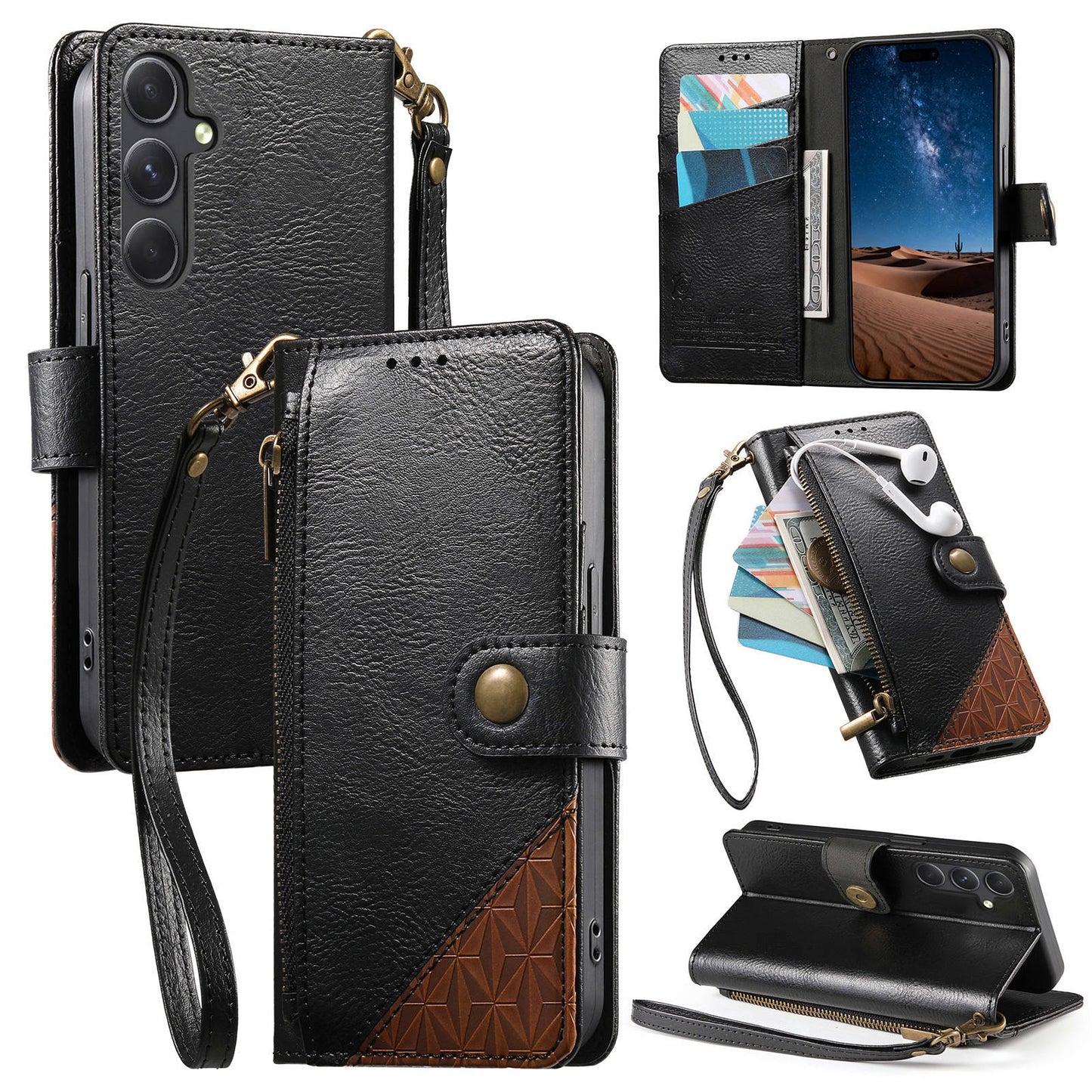 Color-Blocked Shockproof Premium Wallet Leather Phone Case for Samsung Galaxy S24+